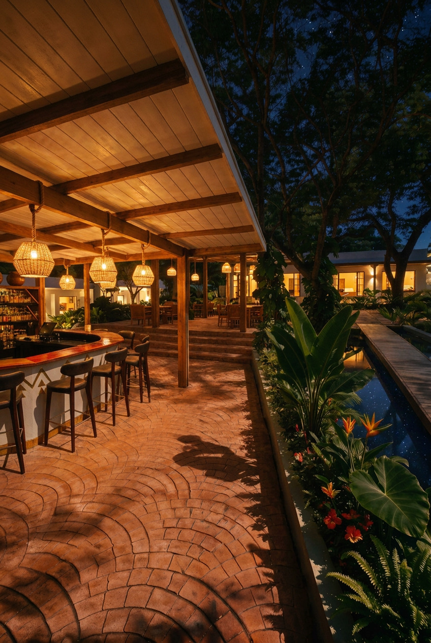 The Bab at night, lanterns over the terrace and starlit stream
