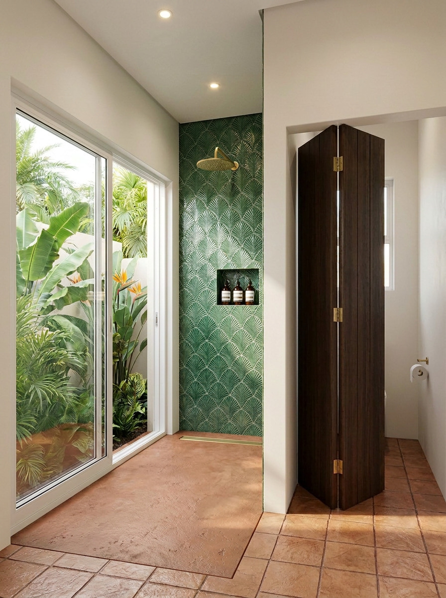 A walk-in shower with green palm-leaf tiles and brass fittings