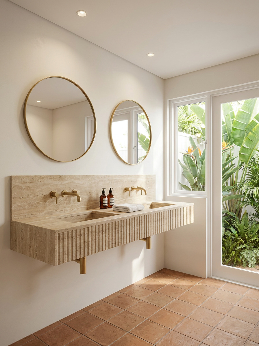 A travertine double vanity with brass taps and round mirrors