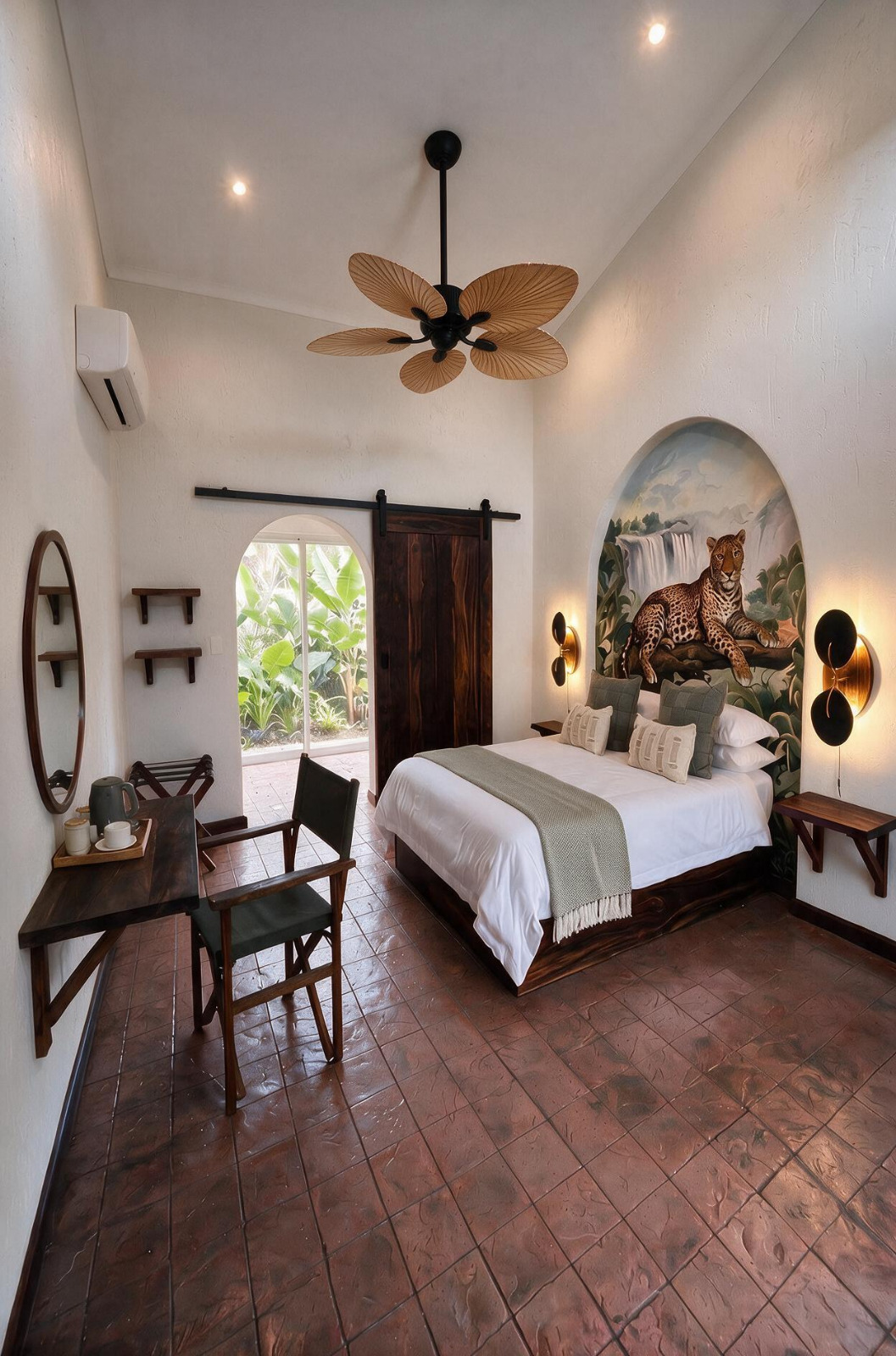 A guest room with an arched leopard mural and timber bed