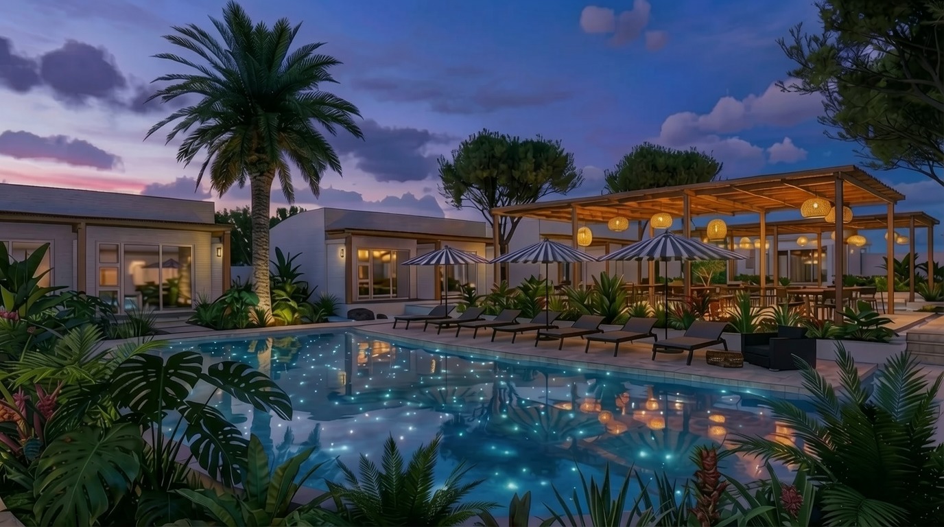The star-lit pool at twilight, surrounded by umbrellas and loungers