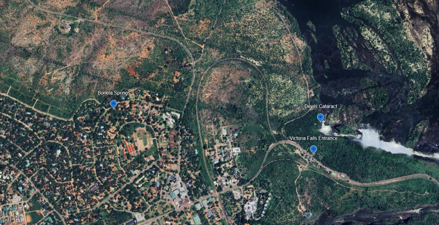 Satellite map: Bonela Springs on the quiet edge of Victoria Falls town, bushland to the north, the Victoria Falls rainforest 2 km east